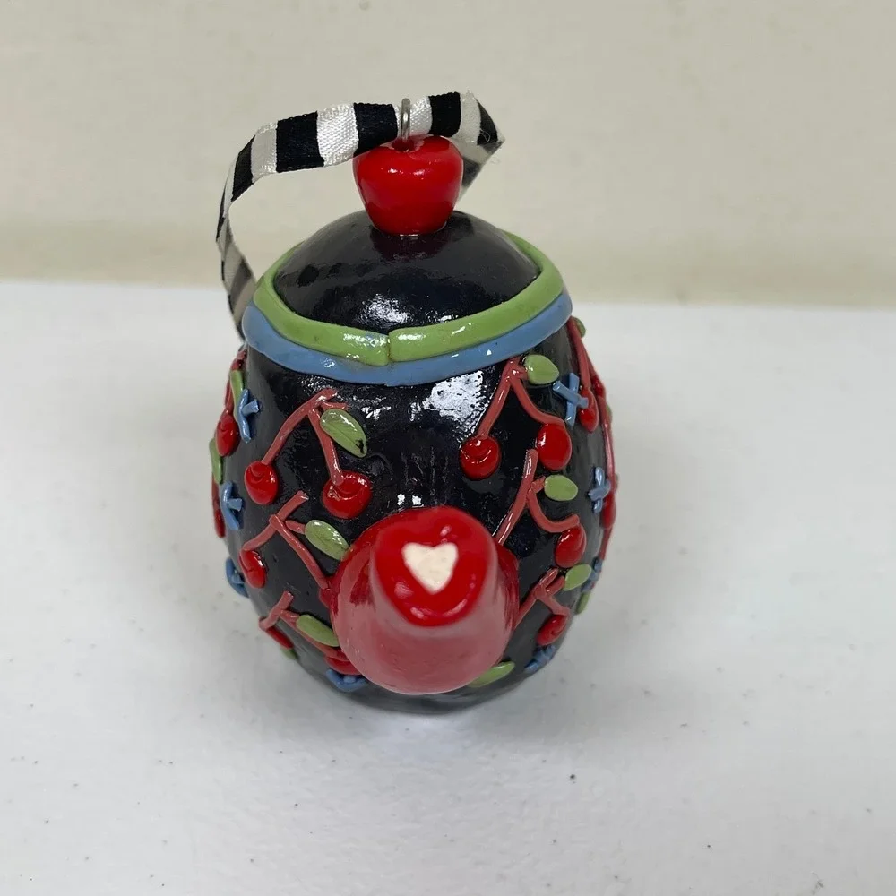 Mary Engelbreit Teapot Christmas Ornament Black Red Cherry Print Whimsy Kitsch